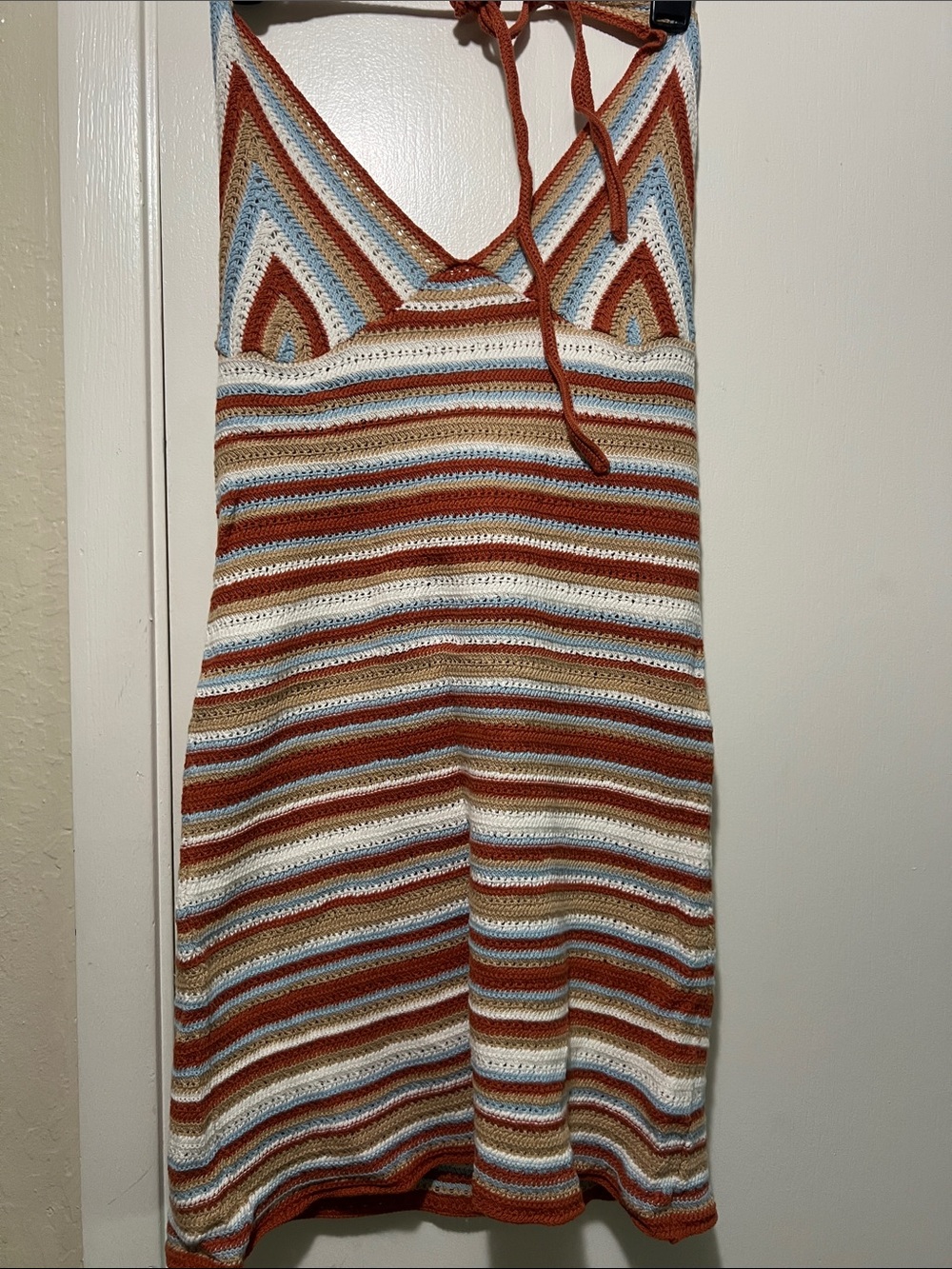 Striped Crochet Halter Dress in Rust, Cream & Sky Blue